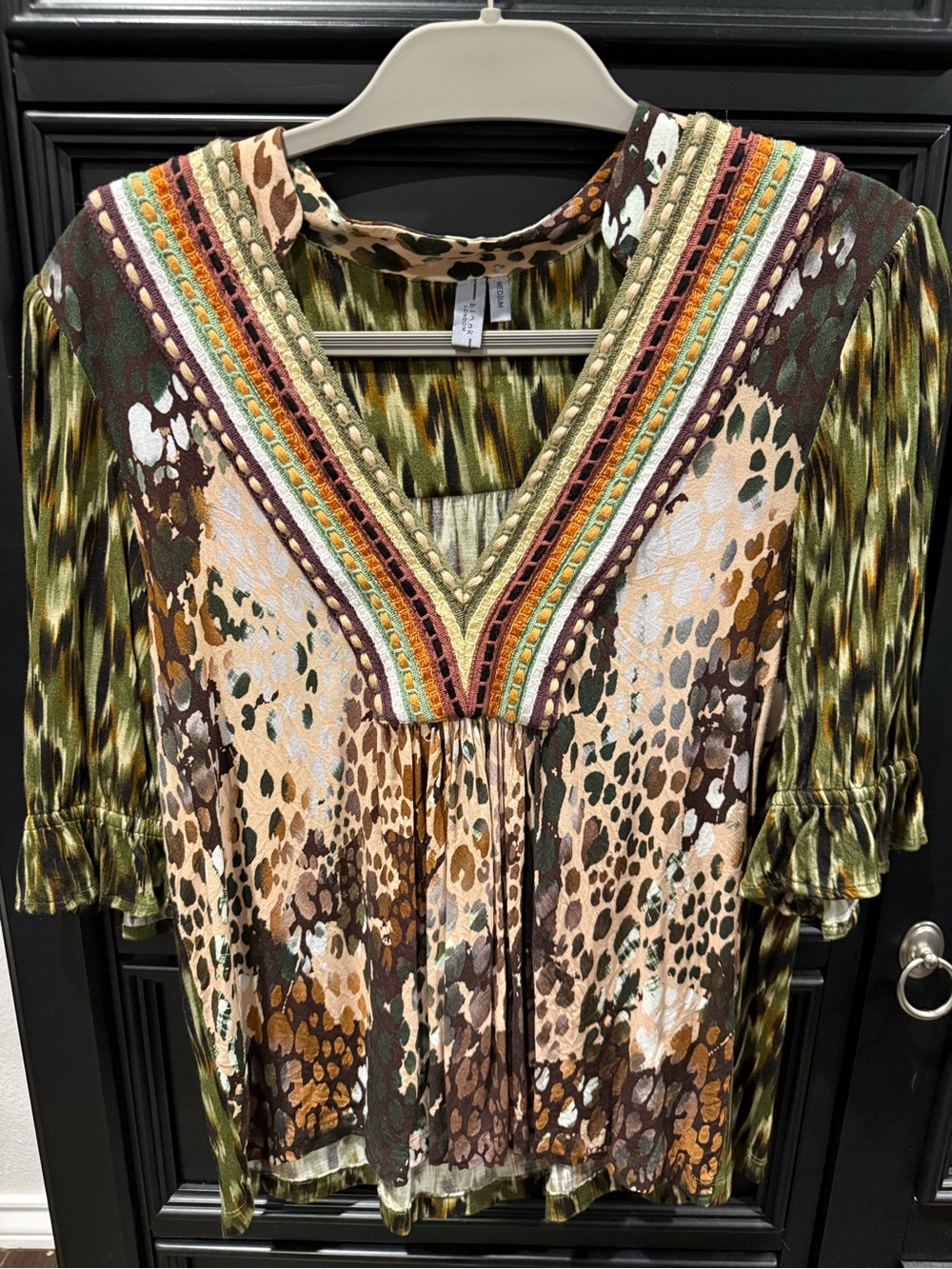 Relaxed V-Neck Tunic in Olive Multi — Embroidered Detail